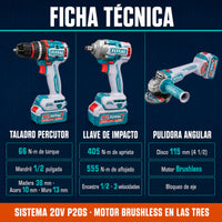Combo TOTAL 3 en 1 Brushless 20V — Taladro 66 N·m, Llave de Impacto 405 N·m y Pulidora 4½" | 2 Baterías 4.0Ah y Maletín miniatura 5