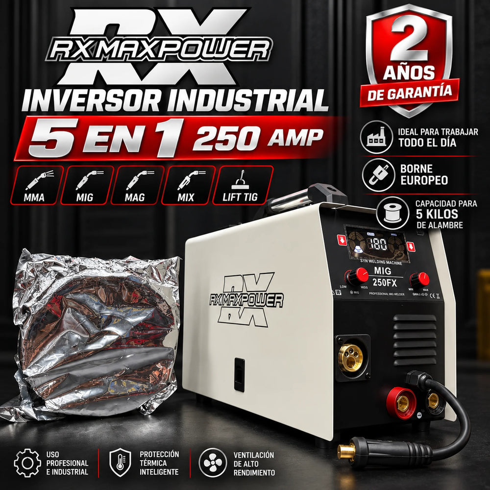 Soldador industrial RX MAX POWER 250 AMP – 5 en 1 MMA/MIG/MAG/MIX/LIFT TIG | Uso intensivo | Borne europeo | Alambre hasta 5 kg | Suelda 7018 | 2 AÑOS DE GARANTÍA - 1
