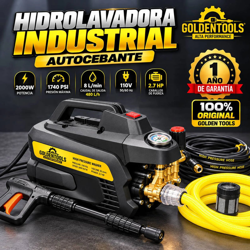 Hidrolavadora Industrial Golden Tools Autocebante | 1740 PSI | 2000W | 2.7 HP | 8 L/min | 1 Año de Garantía foto 1