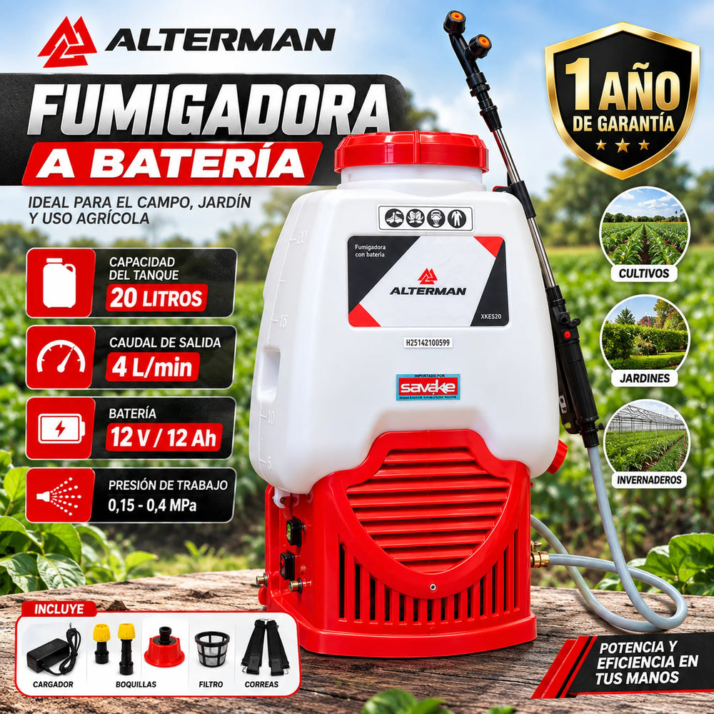 Fumigadora a Batería ALTERMAN XKES20 20 L | Batería 12V 12Ah | Caudal 4 L/min | Tipo Mochila | 1 Año de Garantía - 1