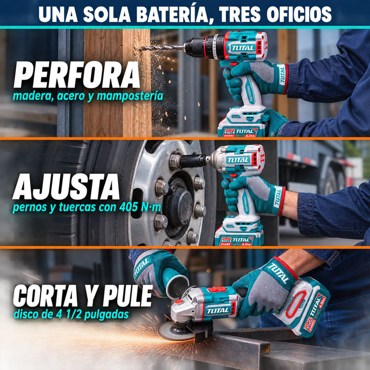 Combo TOTAL 3 en 1 Brushless 20V — Taladro 66 N·m, Llave de Impacto 405 N·m y Pulidora 4½" | 2 Baterías 4.0Ah y Maletín