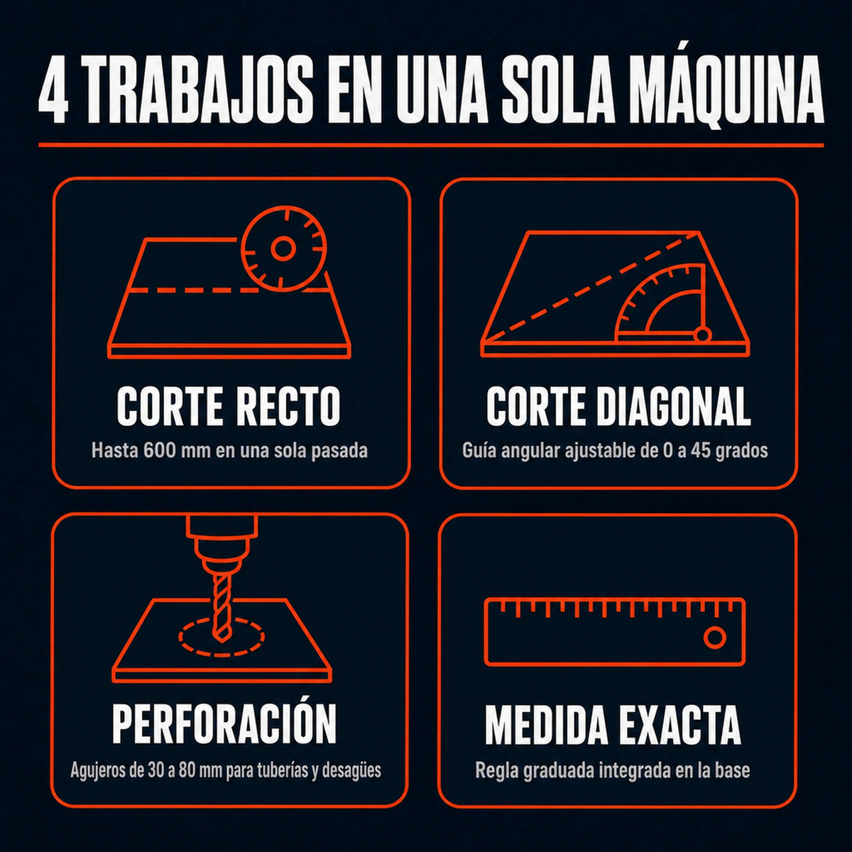 Cortabaldosas Profesional 600 mm con Taladro Perforador Integrado — Corte Recto y Diagonal 0-45° | 1 Año de Garantía