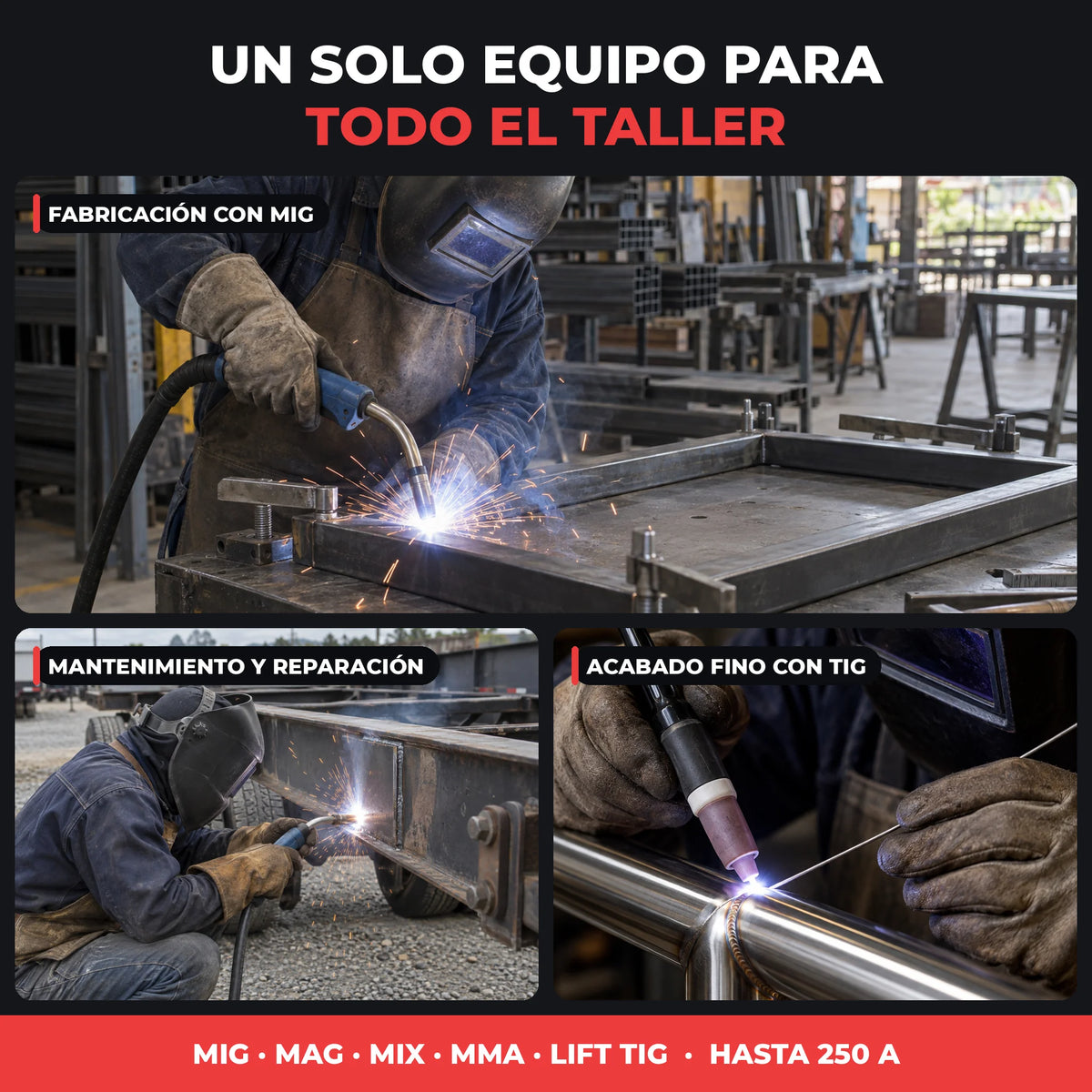 Soldador industrial RX MAX POWER 250 AMP – 5 en 1 MMA/MIG/MAG/MIX/LIFT TIG | Uso intensivo | Borne europeo | Alambre hasta 5 kg | Suelda 7018 | 2 AÑOS DE GARANTÍA - Kit completo