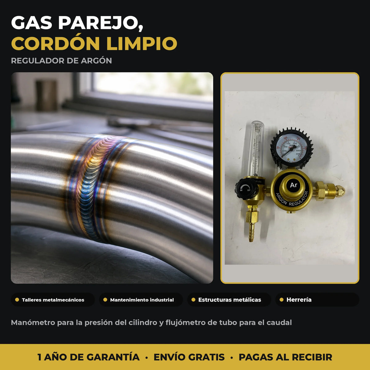Regulador de Gas Argón con Manómetro y Flujómetro | Para Soldadura MIG y TIG | Conexión Estándar | 1 Año de Garantía