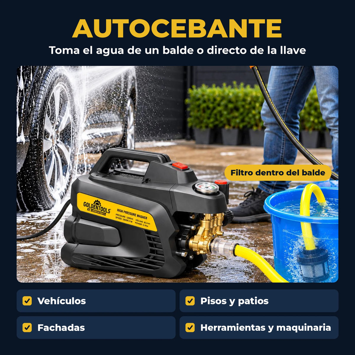 Hidrolavadora Industrial Golden Tools Autocebante | 1740 PSI | 2000W | 2.7 HP | 8 L/min | 1 Año de Garantía