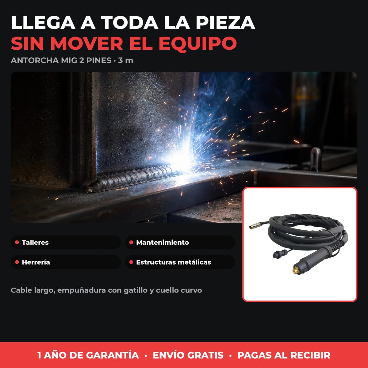 Antorcha MIG 3 m | Conexión 2 Pines | Repuesto para Equipos MIG Compactos | 1 Año de Garantía