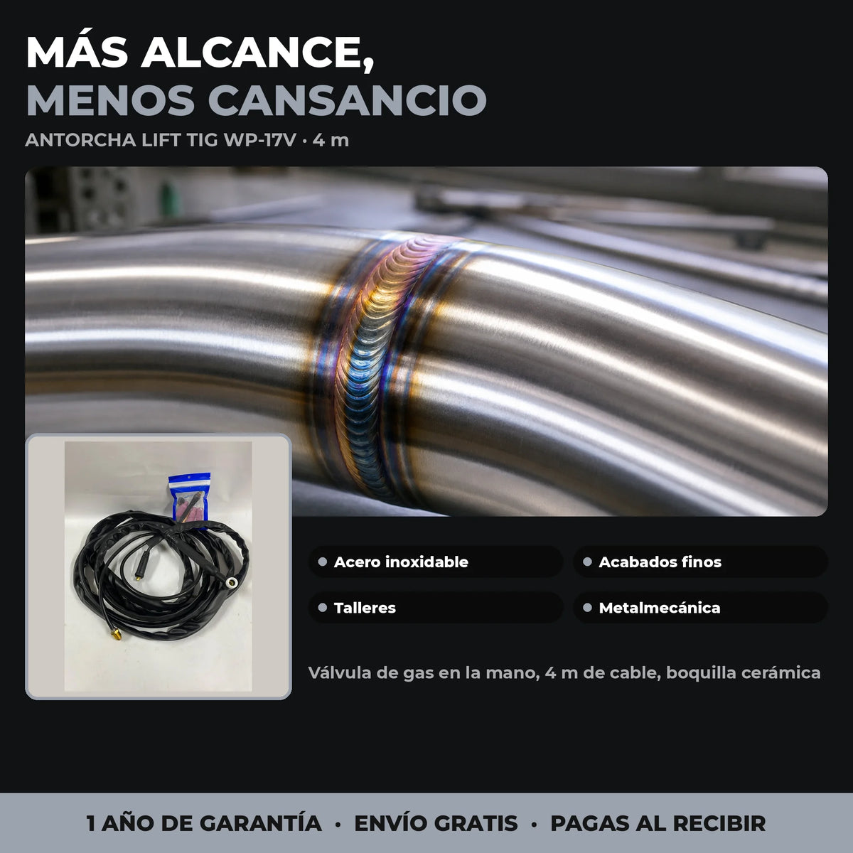 Antorcha Lift TIG WP-17V 4 m | Válvula de Gas en la Empuñadura | Para Equipos Multiproceso | 1 Año de Garantía