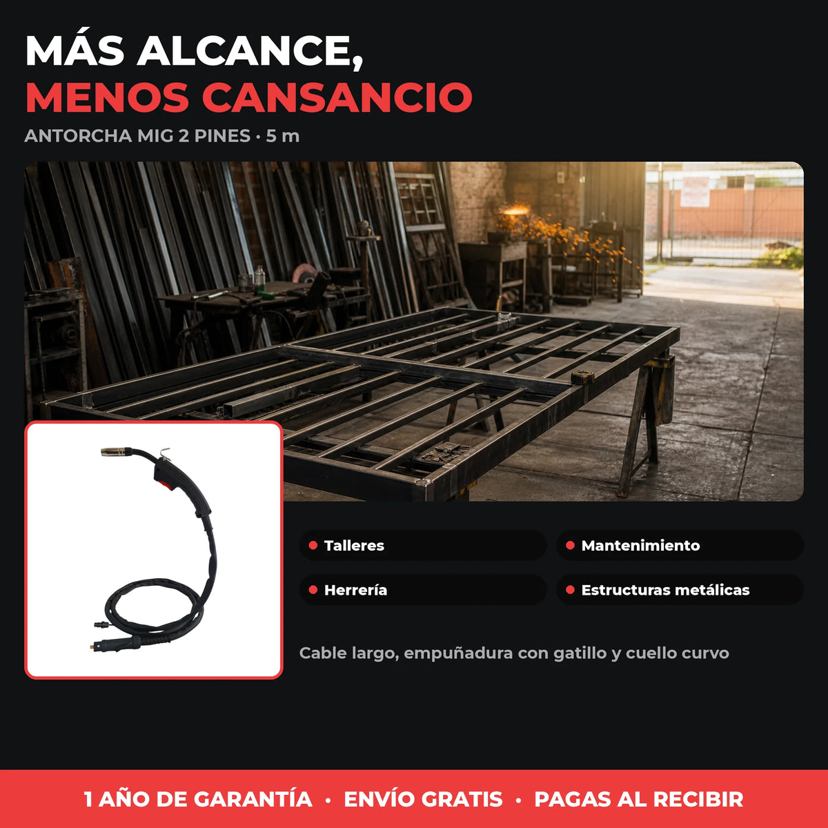 Antorcha MIG 5 m | Conexión 2 Pines | Repuesto para Equipos MIG Compactos | 1 Año de Garantía
