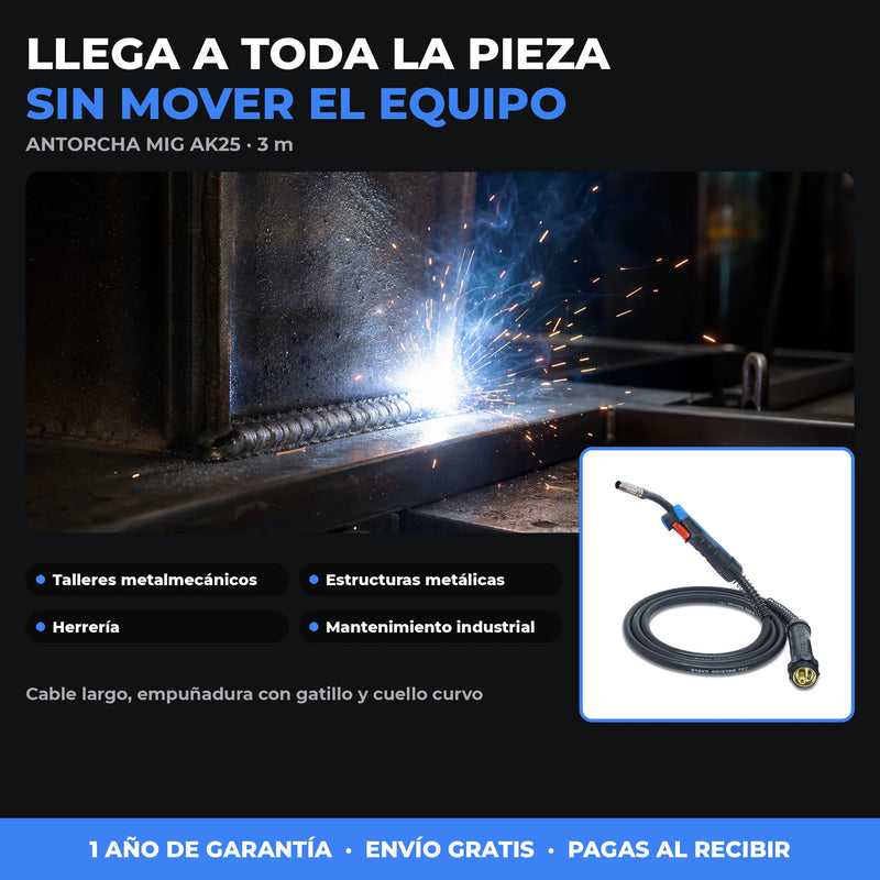 Antorcha MIG/MAG AK25 Industrial 3 m | Borne Europeo | Hasta 230 A con CO₂ | Consumibles 25AK | 1 Año de Garantía foto 2