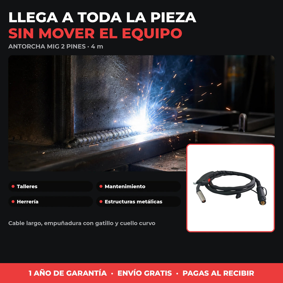 Antorcha MIG 4 m | Conexión 2 Pines | Repuesto para Equipos MIG Compactos | 1 Año de Garantía
