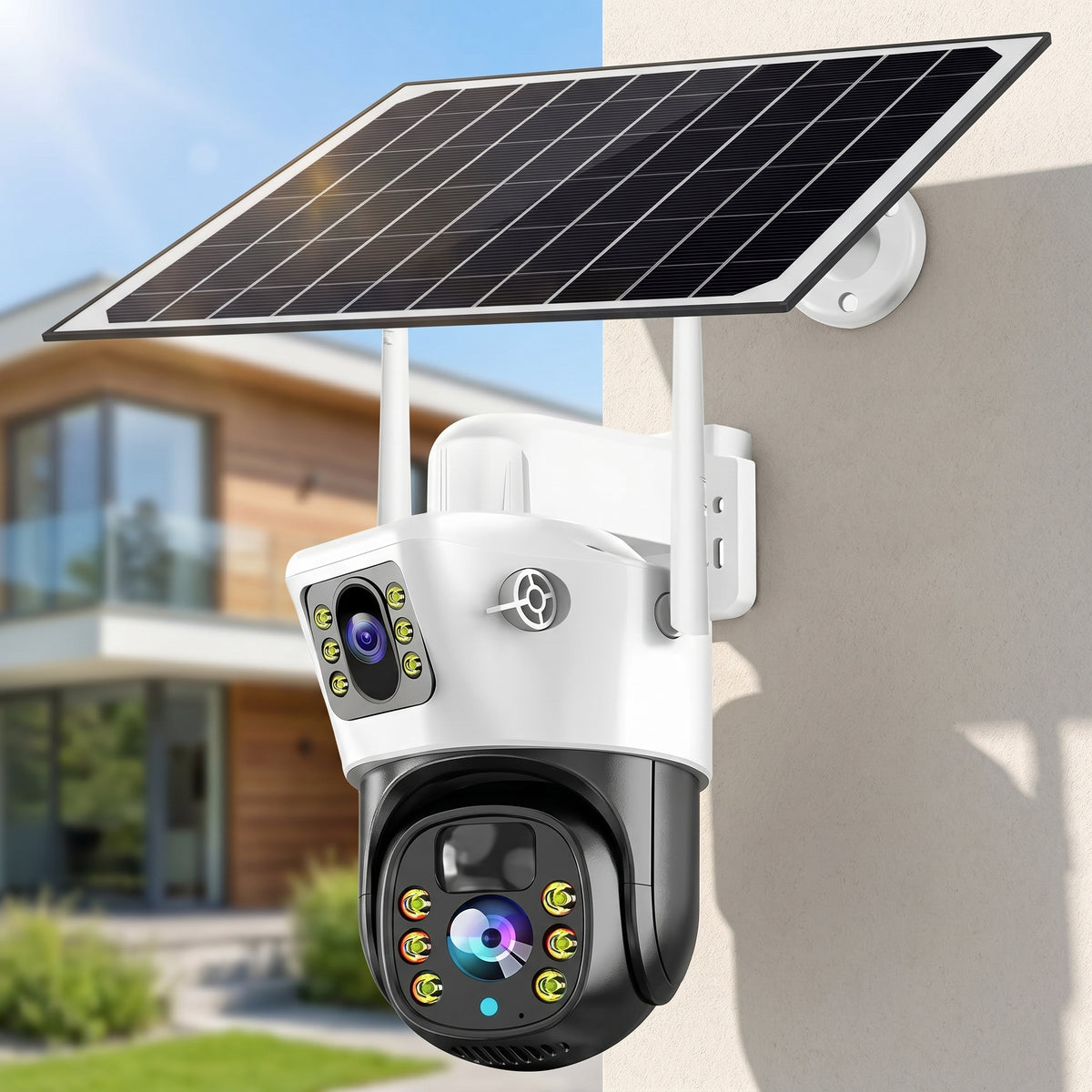Cámara de Seguridad Solar 2 en 1 Doble Lente 4K — PTZ 355° Visión Nocturna Color