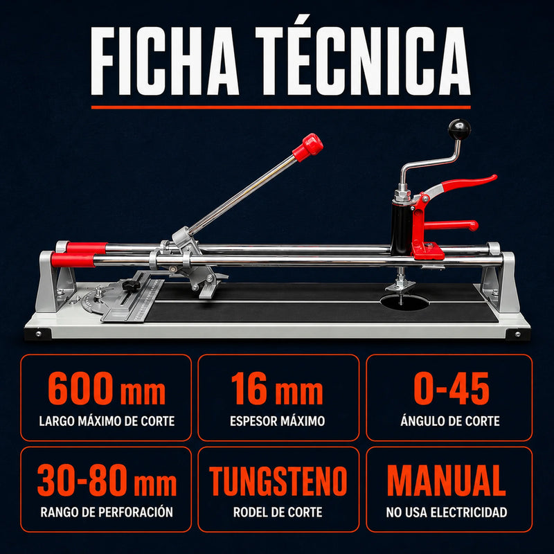 Cortabaldosas Profesional 600 mm con Taladro Perforador Integrado — Corte Recto y Diagonal 0-45° | 1 Año de Garantía foto 3