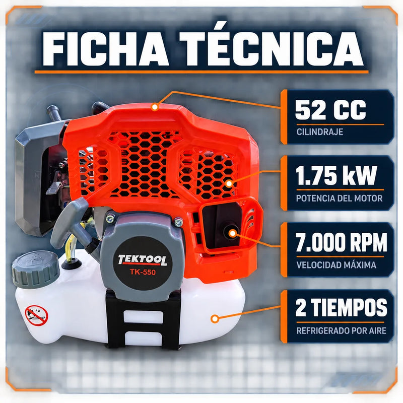 Guadaña Desbrozadora TEKTOOL TK-550 a Gasolina 52cc — 1.75 kW y 7.000 RPM | Manillar Tipo Bicicleta y 1 Año de Garantía foto 3