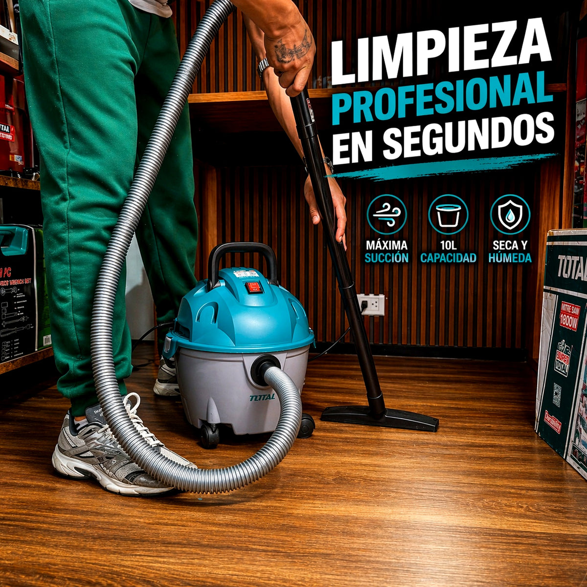 Aspiradora y Sopladora TOTAL 1200W 10L — Seco / Húmedo / Soplar (2 en 1) - en uso