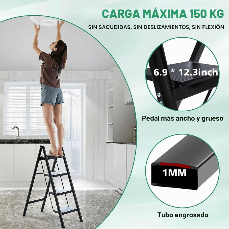 Escalera Plegable 4 Peldaños en Aluminio · Soporta 150kg · Antideslizante y Compacta · Garantía 1 año foto 3