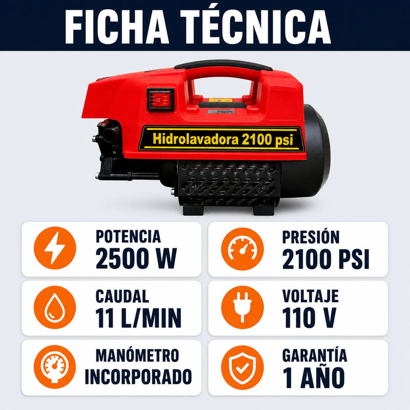 Hidrolavadora Profesional 2100 PSI 2500W — Auto Succión + Auto Stop | 1 Año de Garantía foto 3