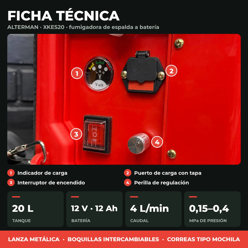 Fumigadora a Batería ALTERMAN XKES20 20 L | Batería 12V 12Ah | Caudal 4 L/min | Tipo Mochila | 1 Año de Garantía foto 3