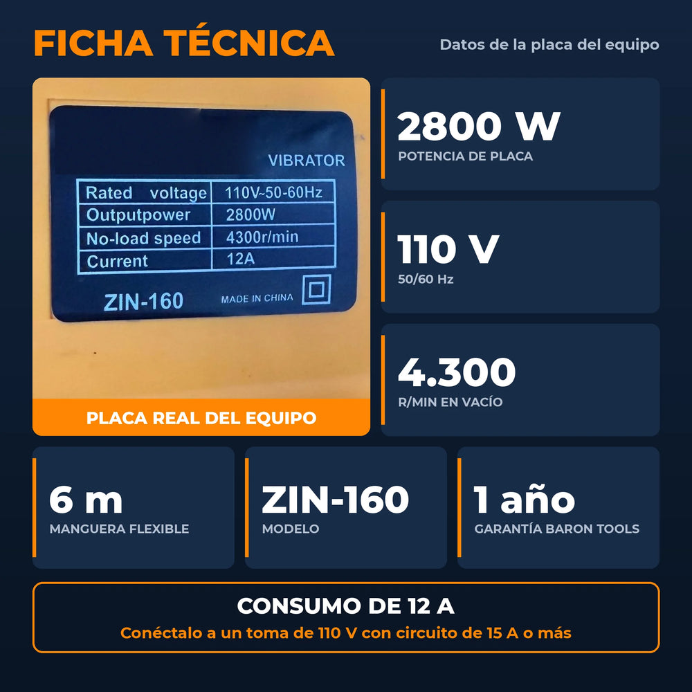 Vibrador de Concreto Industrial tipo DeWALT 2800W ZIN-160 | Manguera de 6 m | 110 V | 4.300 r/min | 1 Año de Garantía - 7