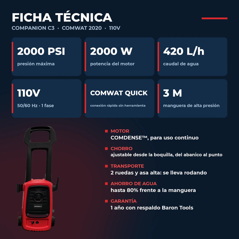 Hidrolavadora de Alta Presión Companion — 2000 PSI · 2000W · 420 L/h | 1 Año de Garantía foto 3