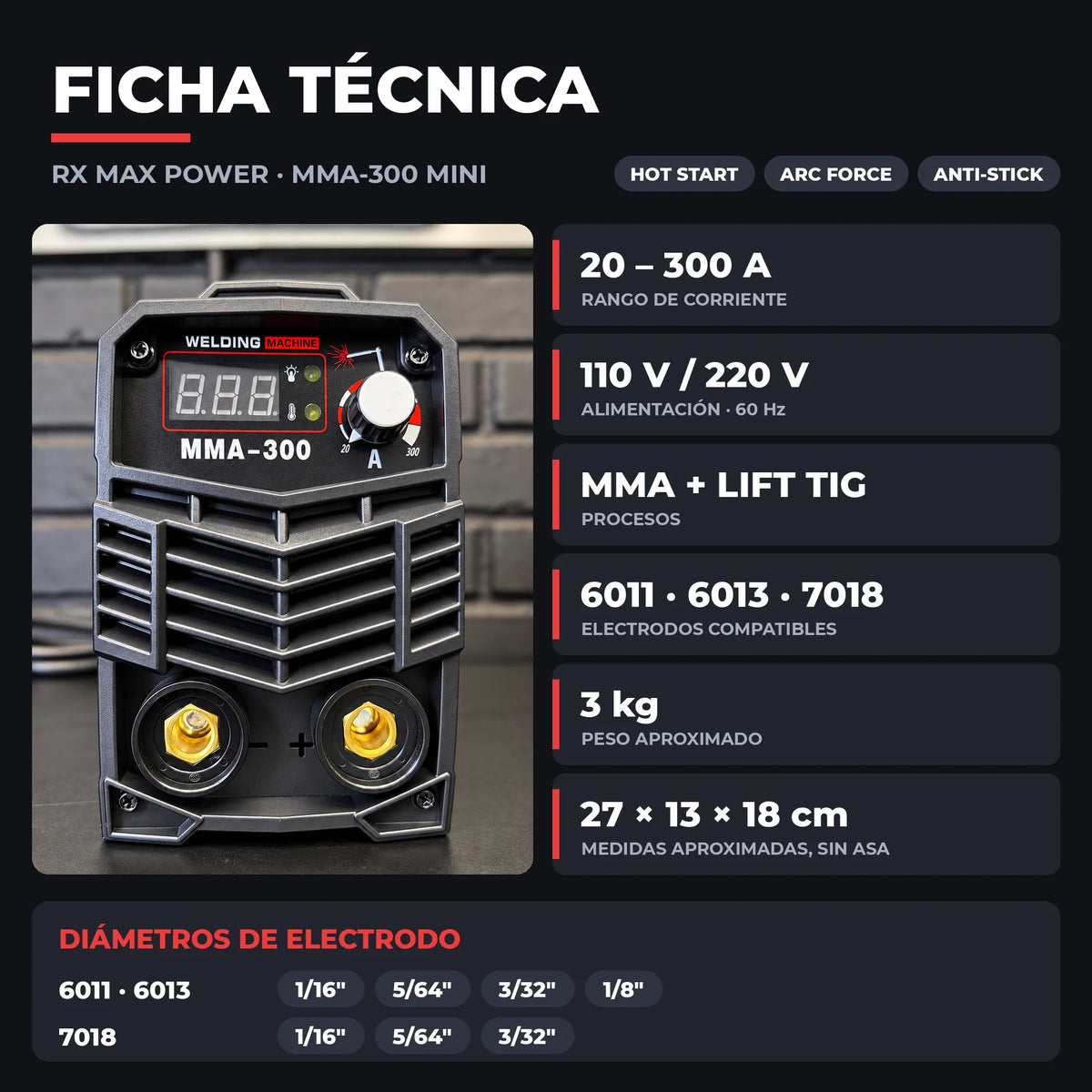 Soldador Inversor 300 AMP | MMA + LIFT TIG | Quema 6011, 6013 y 7018 | Bifásico 110V/220V | 2 Años de Garantía - Kit completo