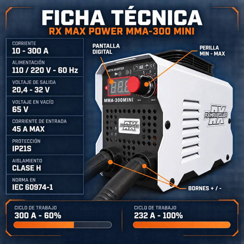 Soldador Inversor RX Max Power MMA-300 Mini Blanco | 300 A | 110V/220V | IGBT Inverter | Estuche y 2 Caretas | 2 Años de Garantía foto 3