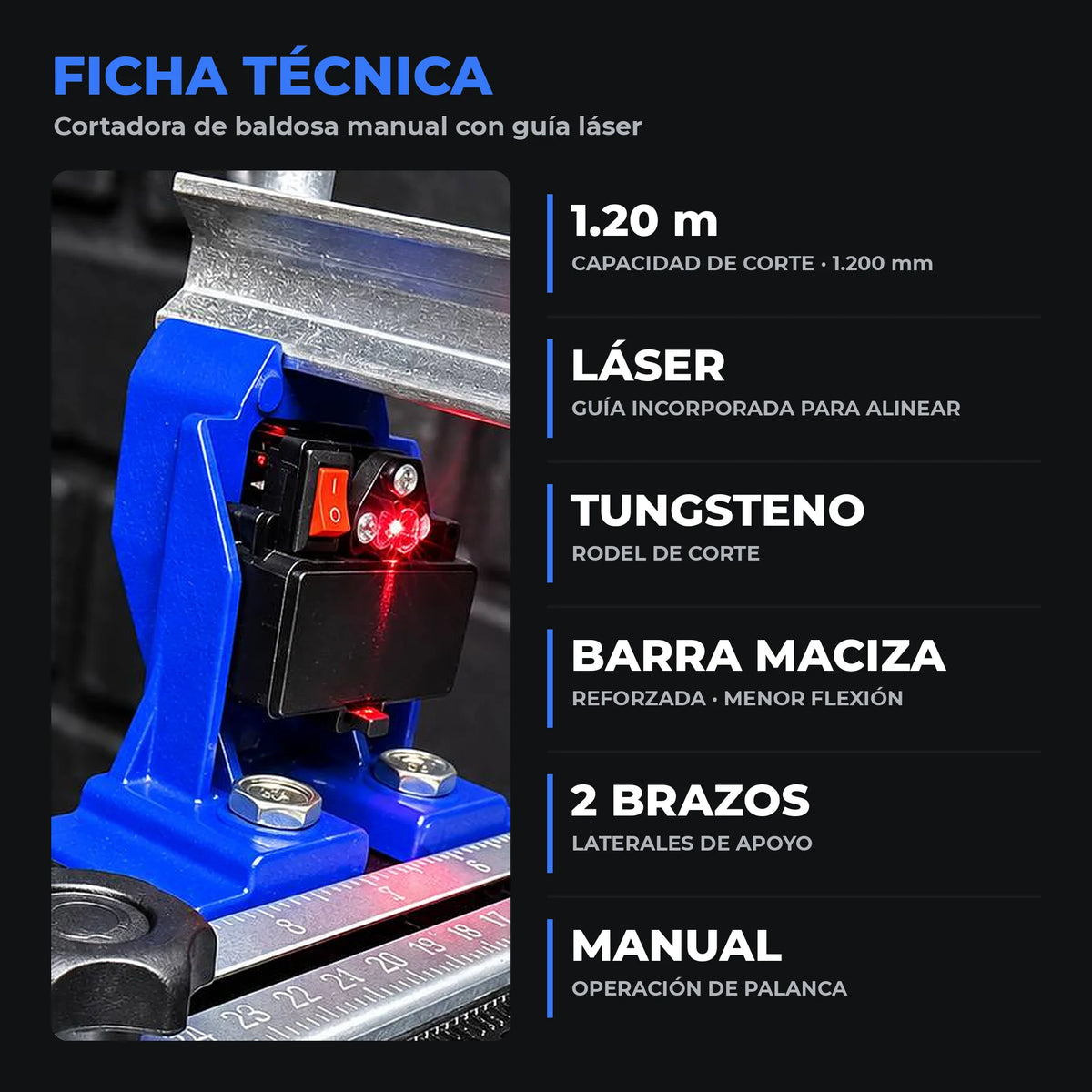 Cortadora de Baldosa Golden de 1.20 Metros con Guía Láser | Barra Maciza Reforzada | Rodel de Tungsteno | 1 Año de Garantía - Kit completo