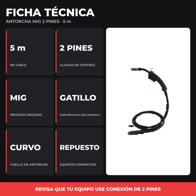 Antorcha MIG 5 m | Conexión 2 Pines | Repuesto para Equipos MIG Compactos | 1 Año de Garantía foto 3