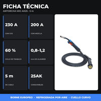 Antorcha MIG/MAG AK25 Industrial 5 m | Borne Europeo | Hasta 230 A con CO₂ | Consumibles 25AK | 1 Año de Garantía miniatura 3