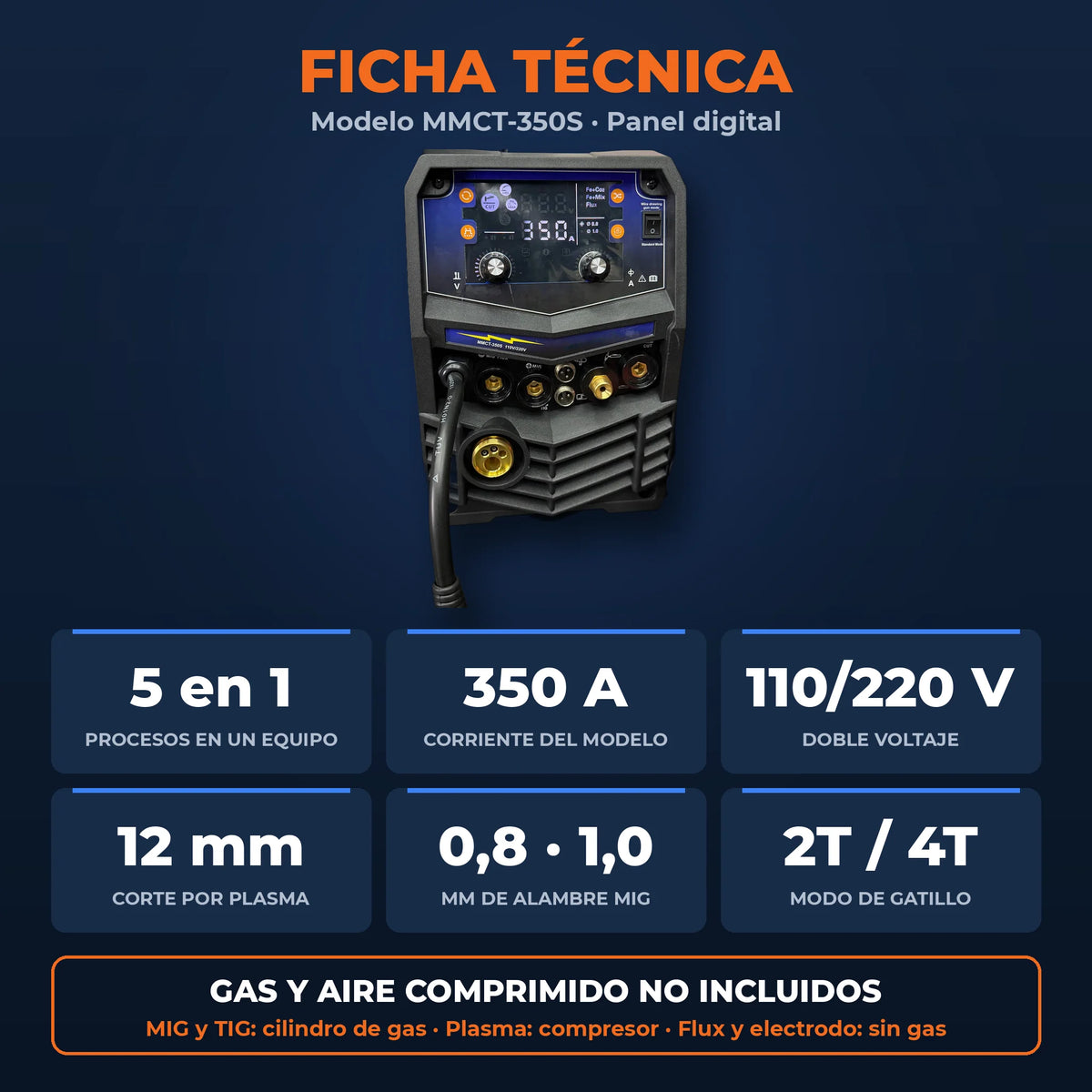 Soldador Multiproceso tipo Miller 5 en 1 MMCT-350S | MIG · Flux · TIG HF · MMA · Corte Plasma | 110/220 V | 1 Año de Garantía - Kit completo