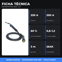 Antorcha MIG/MAG AK25 Industrial 3 m | Borne Europeo | Hasta 230 A con CO₂ | Consumibles 25AK | 1 Año de Garantía miniatura 3