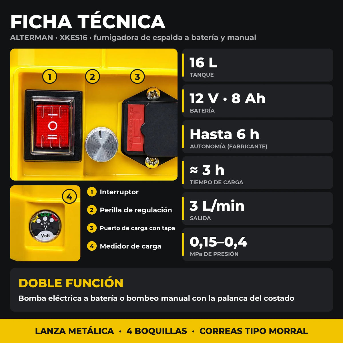 Fumigadora ALTERMAN XKES16 16 L | Batería y Manual | Batería 12V 8Ah | Autonomía hasta 6 h | Tipo Mochila | 1 Año de Garantía - Kit completo
