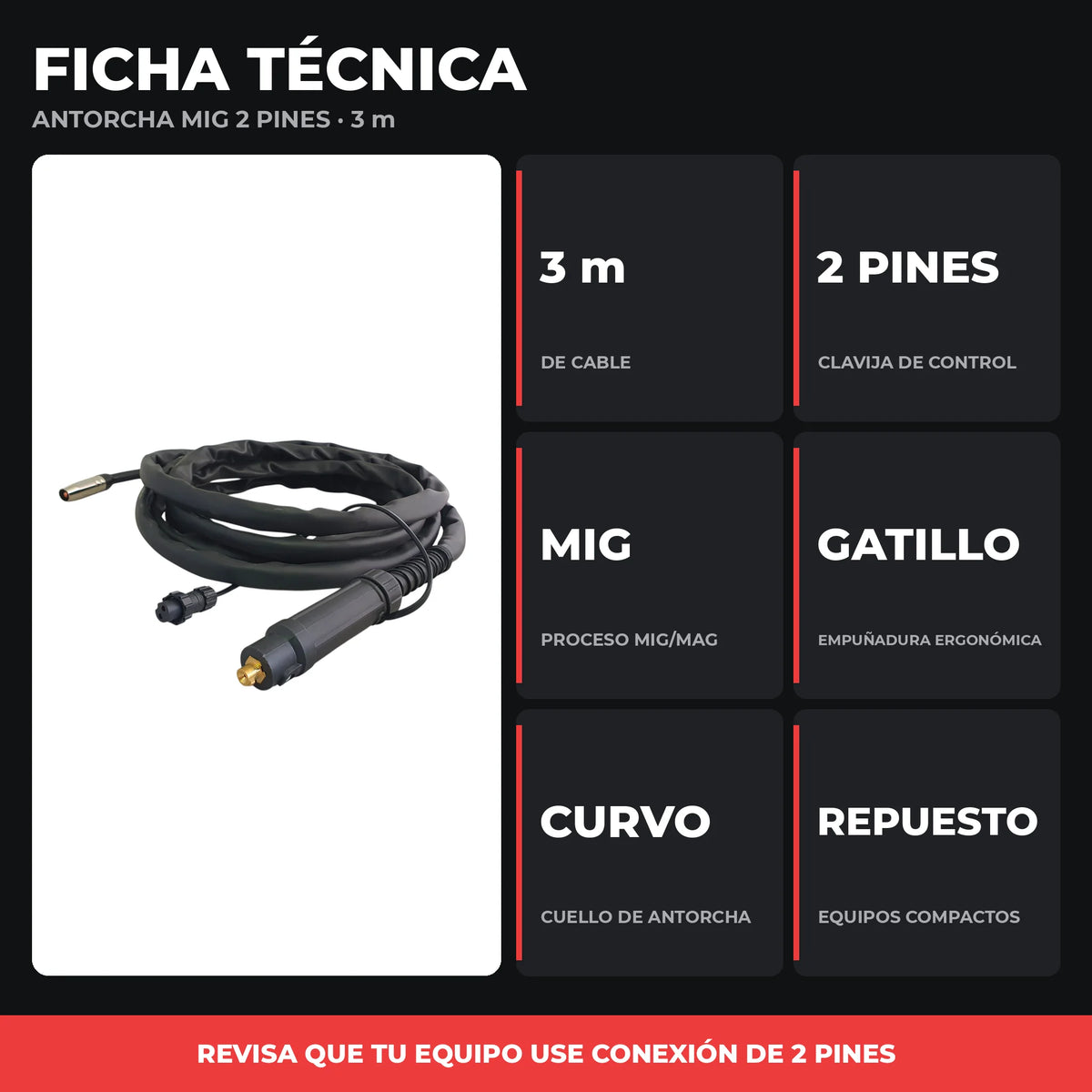 Antorcha MIG 3 m | Conexión 2 Pines | Repuesto para Equipos MIG Compactos | 1 Año de Garantía - Kit completo