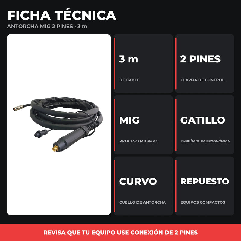Antorcha MIG 3 m | Conexión 2 Pines | Repuesto para Equipos MIG Compactos | 1 Año de Garantía foto 3
