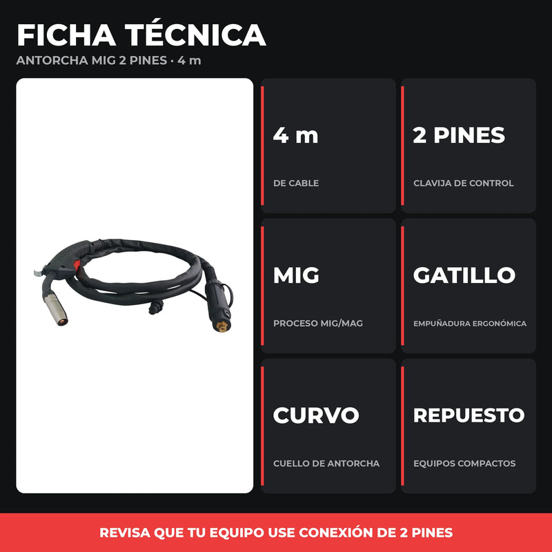 Antorcha MIG 4 m | Conexión 2 Pines | Repuesto para Equipos MIG Compactos | 1 Año de Garantía foto 3