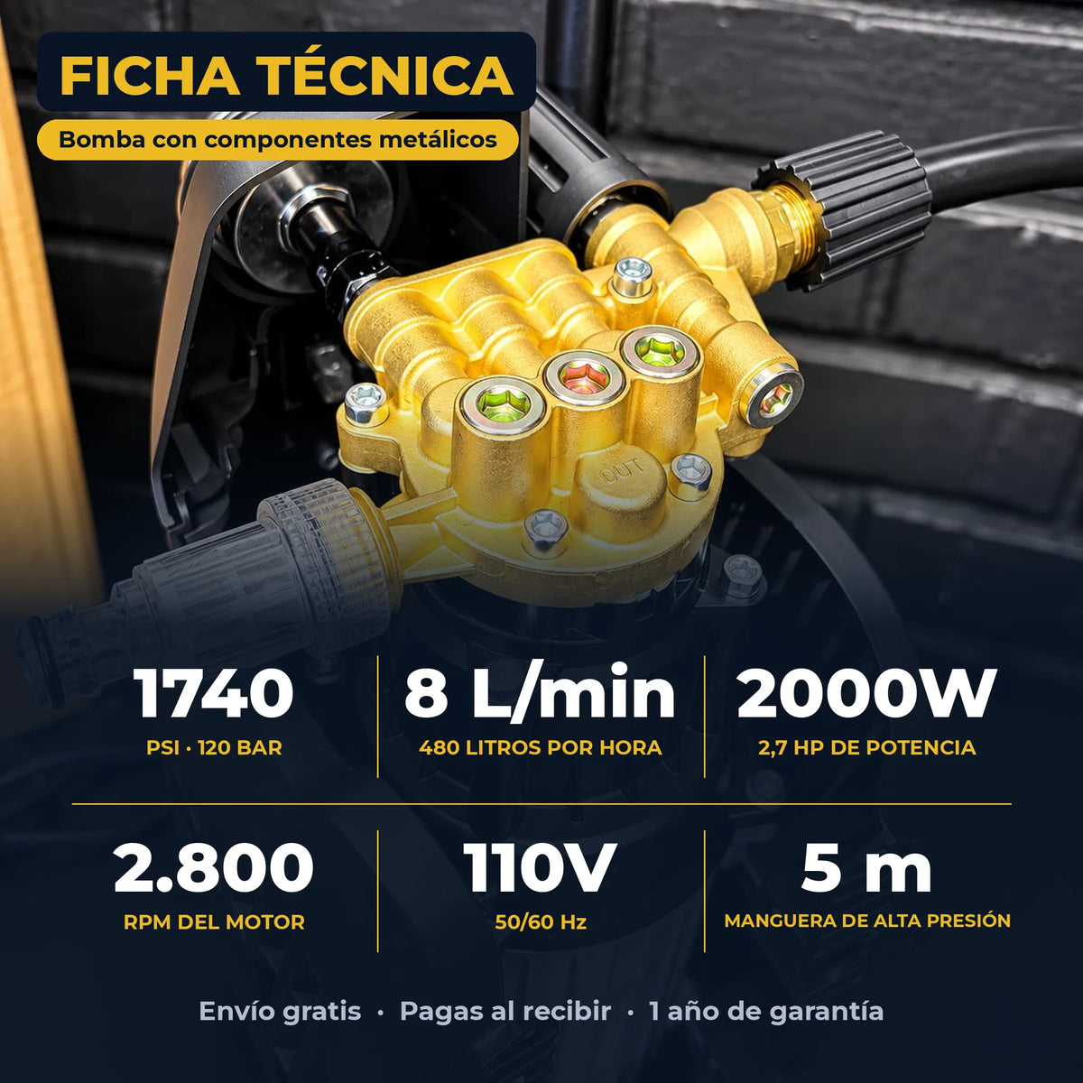 Hidrolavadora Industrial Golden Tools Autocebante | 1740 PSI | 2000W | 2.7 HP | 8 L/min | 1 Año de Garantía - Kit completo