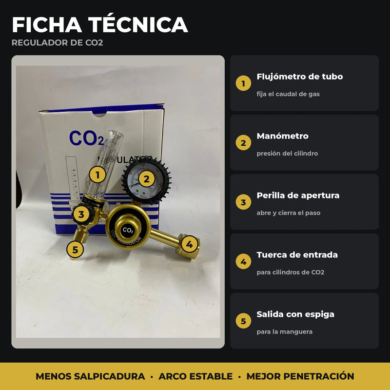 Regulador de CO₂ con Manómetro y Flujómetro | Para Soldadura MIG/MAG | Conexión Estándar | 1 Año de Garantía foto 3