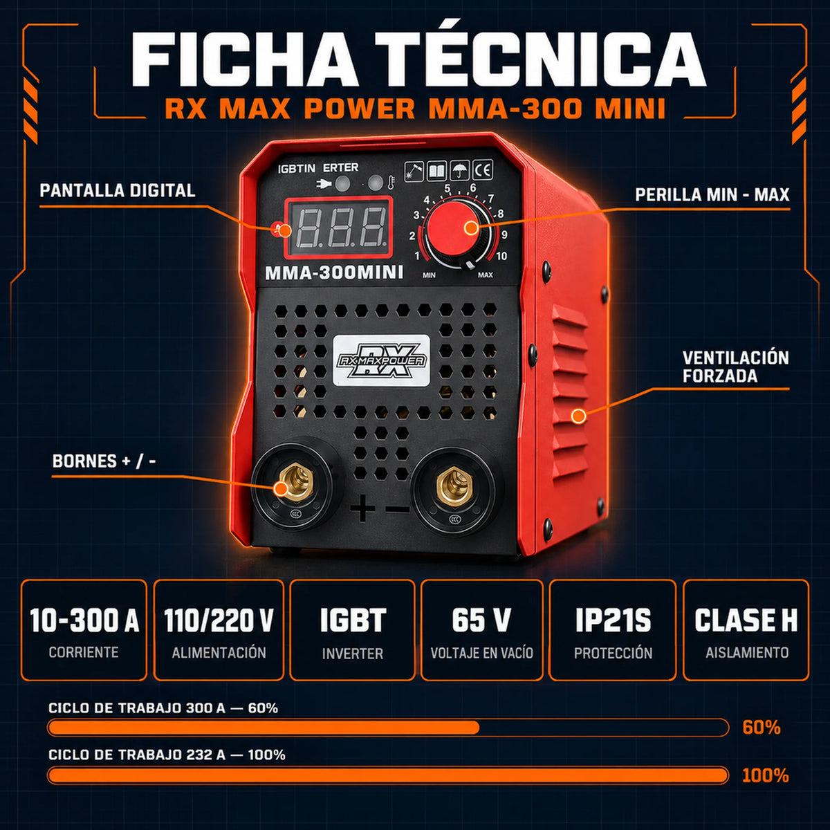 Soldador Inversor RX Max Power MMA-300 Mini Rojo | 300 A | 110V/220V | IGBT Inverter | Estuche y 2 Caretas | 2 Años de Garantía - Kit completo