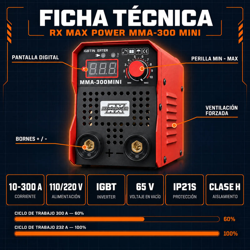 Soldador Inversor RX Max Power MMA-300 Mini Rojo | 300 A | 110V/220V | IGBT Inverter | Estuche y 2 Caretas | 2 Años de Garantía foto 3