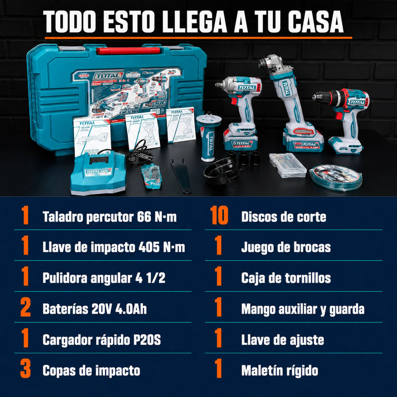 Combo TOTAL 3 en 1 Brushless 20V — Taladro 66 N·m, Llave de Impacto 405 N·m y Pulidora 4½" | 2 Baterías 4.0Ah y Maletín foto 4