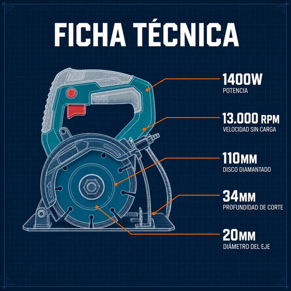 Sierra Cortadora de Mármol TOTAL 1400W - Kit completo