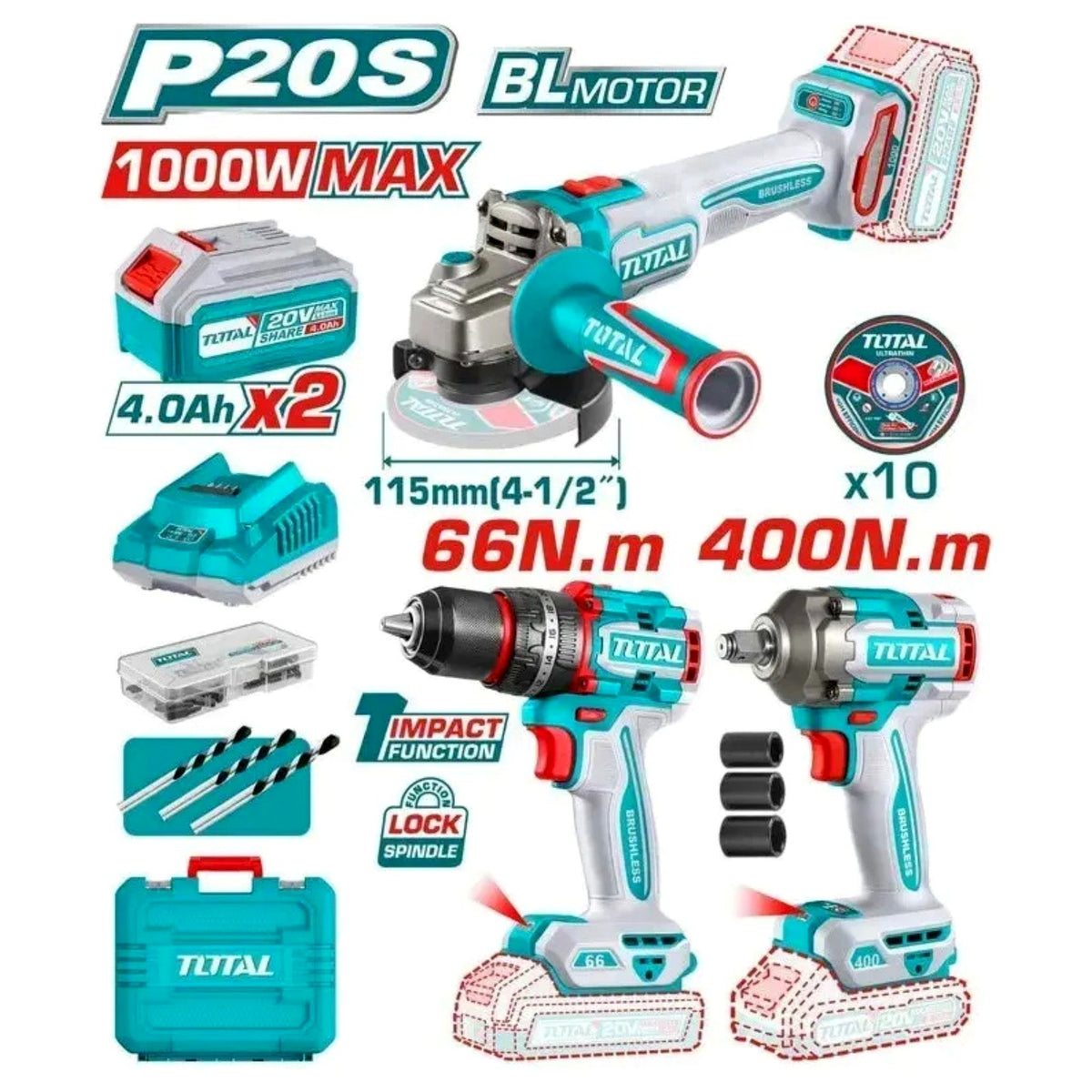 Combo TOTAL 3 en 1 — Taladro 66Nm + Pulidora 1000W + Llave Impacto 400Nm (20V)