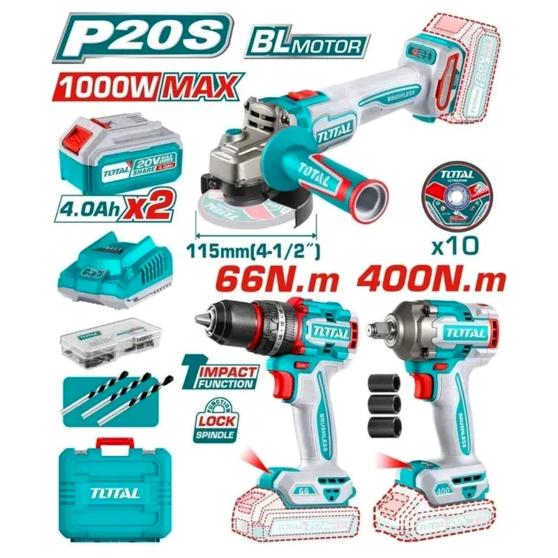 Combo TOTAL 3 en 1 — Taladro 66Nm + Pulidora 1000W + Llave Impacto 400Nm (20V) foto 2