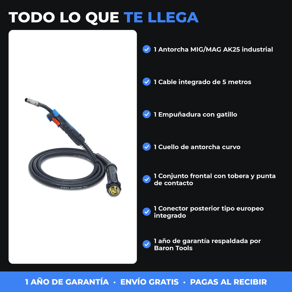 Antorcha MIG/MAG AK25 Industrial 5 m | Borne Europeo | Hasta 230 A con CO₂ | Consumibles 25AK | 1 Año de Garantía - 4