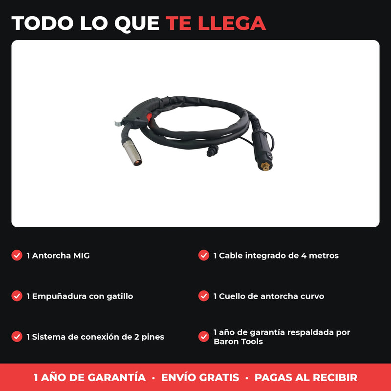 Antorcha MIG 4 m | Conexión 2 Pines | Repuesto para Equipos MIG Compactos | 1 Año de Garantía foto 4