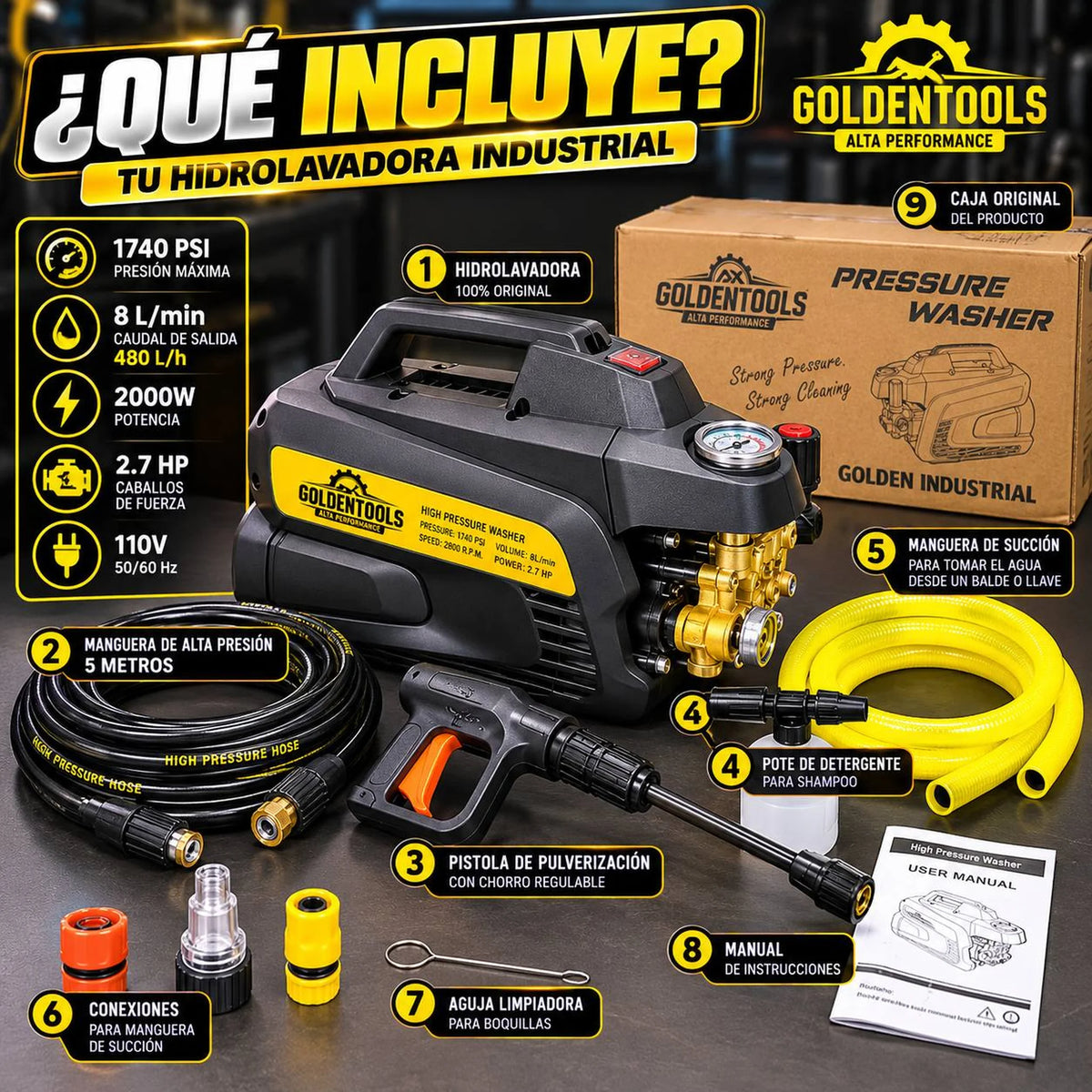 Hidrolavadora Industrial Golden Tools Autocebante | 1740 PSI | 2000W | 2.7 HP | 8 L/min | 1 Año de Garantía - en uso