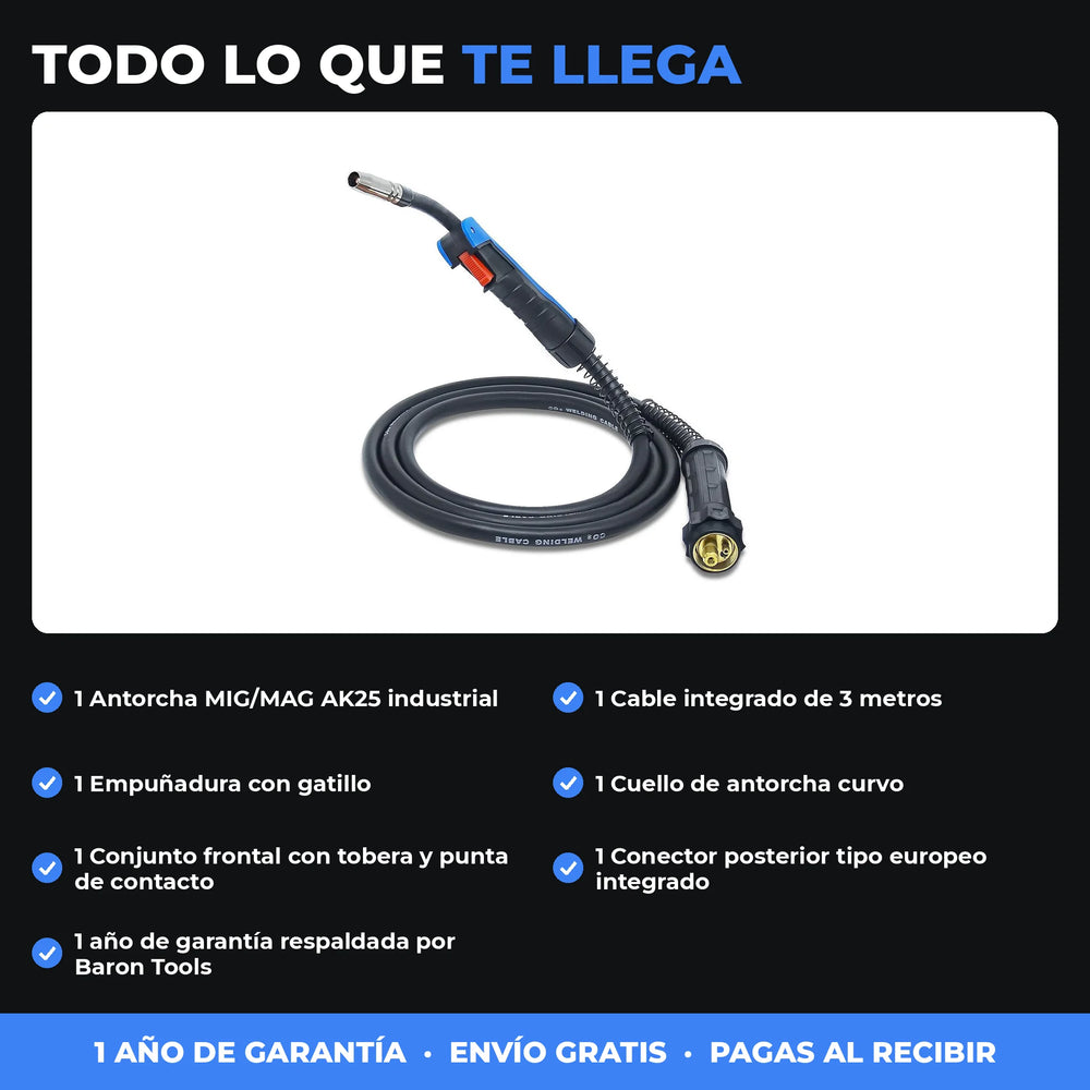 Antorcha MIG/MAG AK25 Industrial 3 m | Borne Europeo | Hasta 230 A con CO₂ | Consumibles 25AK | 1 Año de Garantía - 4