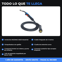 Antorcha MIG/MAG AK25 Industrial 3 m | Borne Europeo | Hasta 230 A con CO₂ | Consumibles 25AK | 1 Año de Garantía miniatura 4