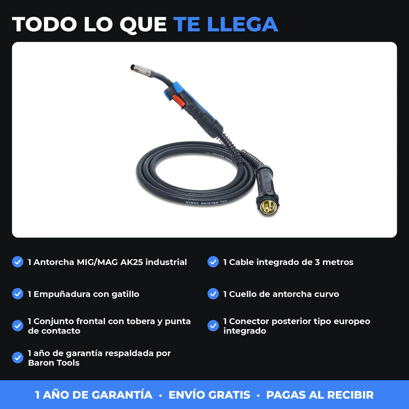 Antorcha MIG/MAG AK25 Industrial 3 m | Borne Europeo | Hasta 230 A con CO₂ | Consumibles 25AK | 1 Año de Garantía foto 4