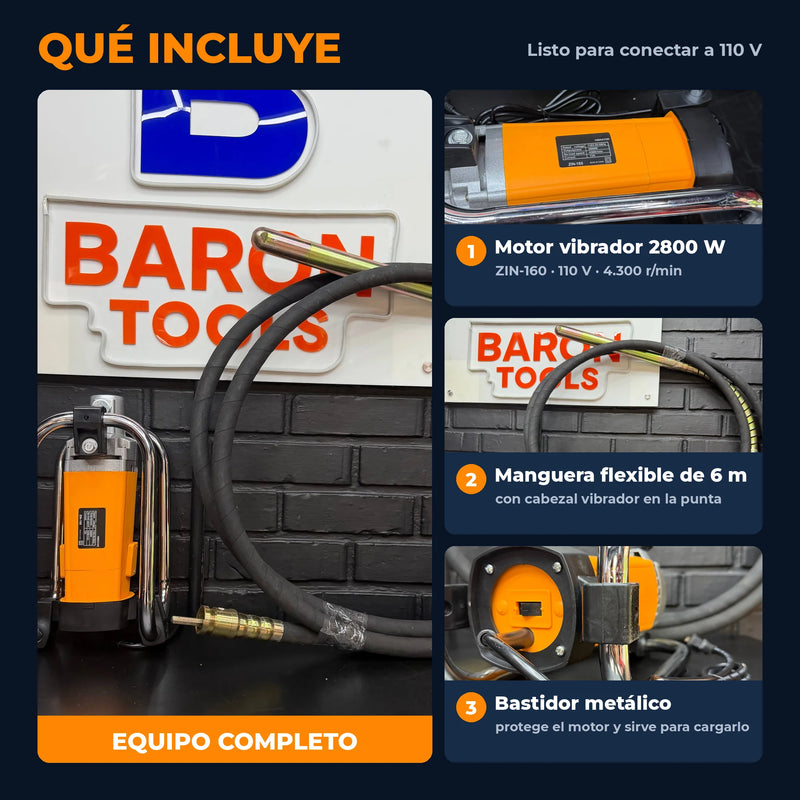 Vibrador de Concreto Industrial tipo DeWALT 2800W ZIN-160 | Manguera de 6 m | 110 V | 4.300 r/min | 1 Año de Garantía foto 8