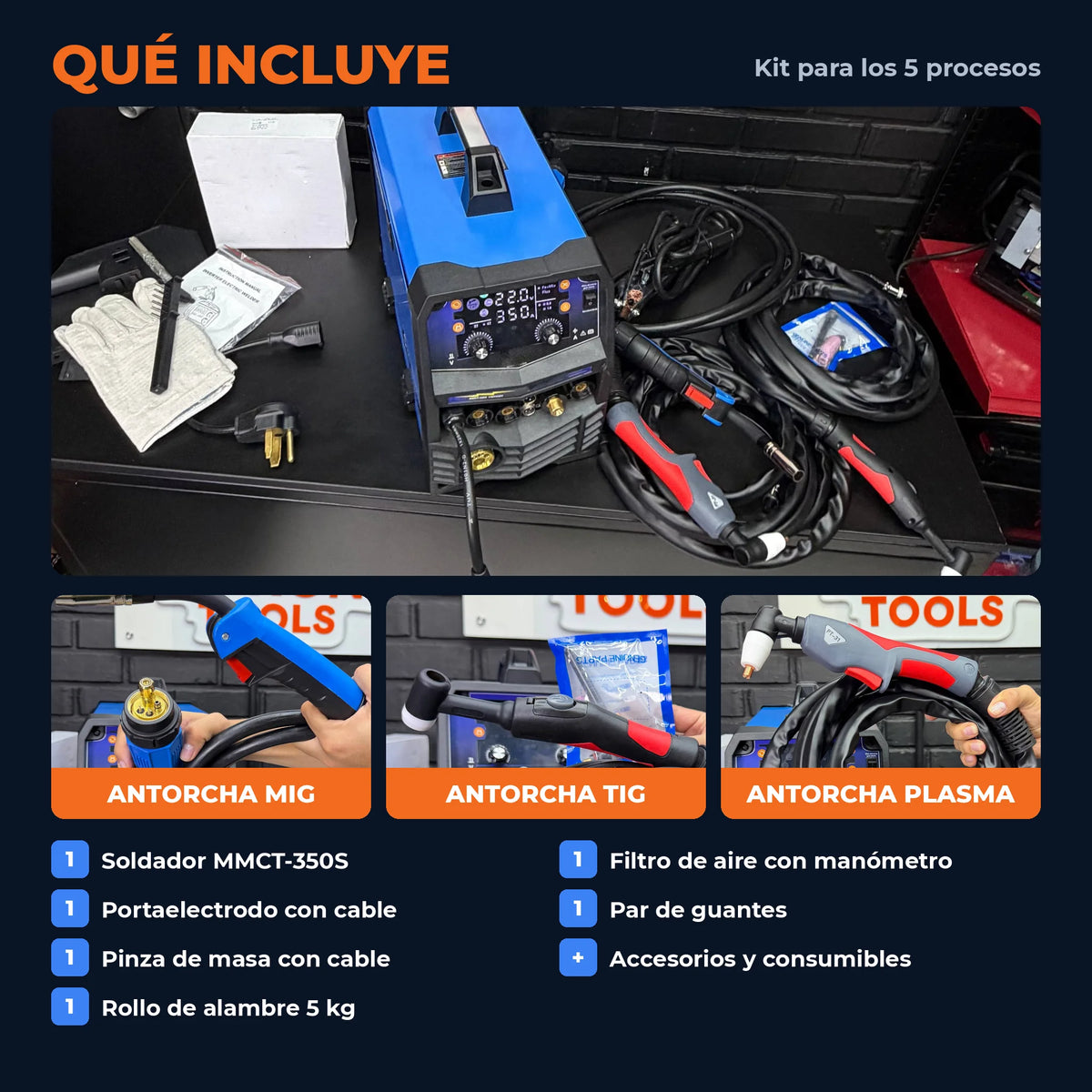 Soldador Multiproceso tipo Miller 5 en 1 MMCT-350S | MIG · Flux · TIG HF · MMA · Corte Plasma | 110/220 V | 1 Año de Garantía - en uso